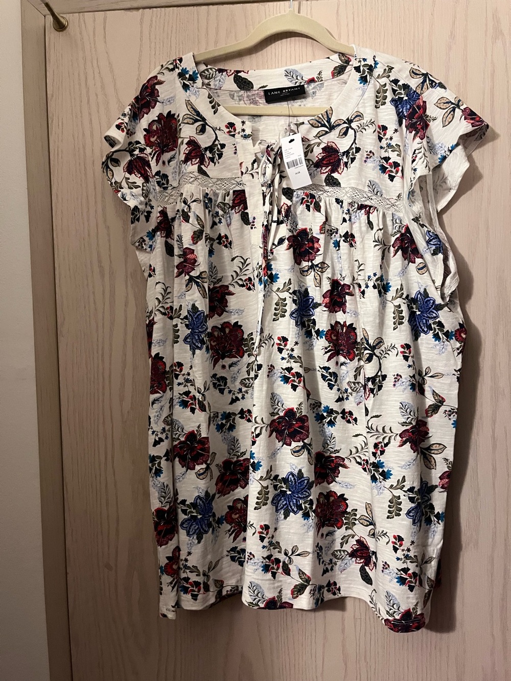 Lane Bryant White Floral Tie-Neck Peasant Blouse